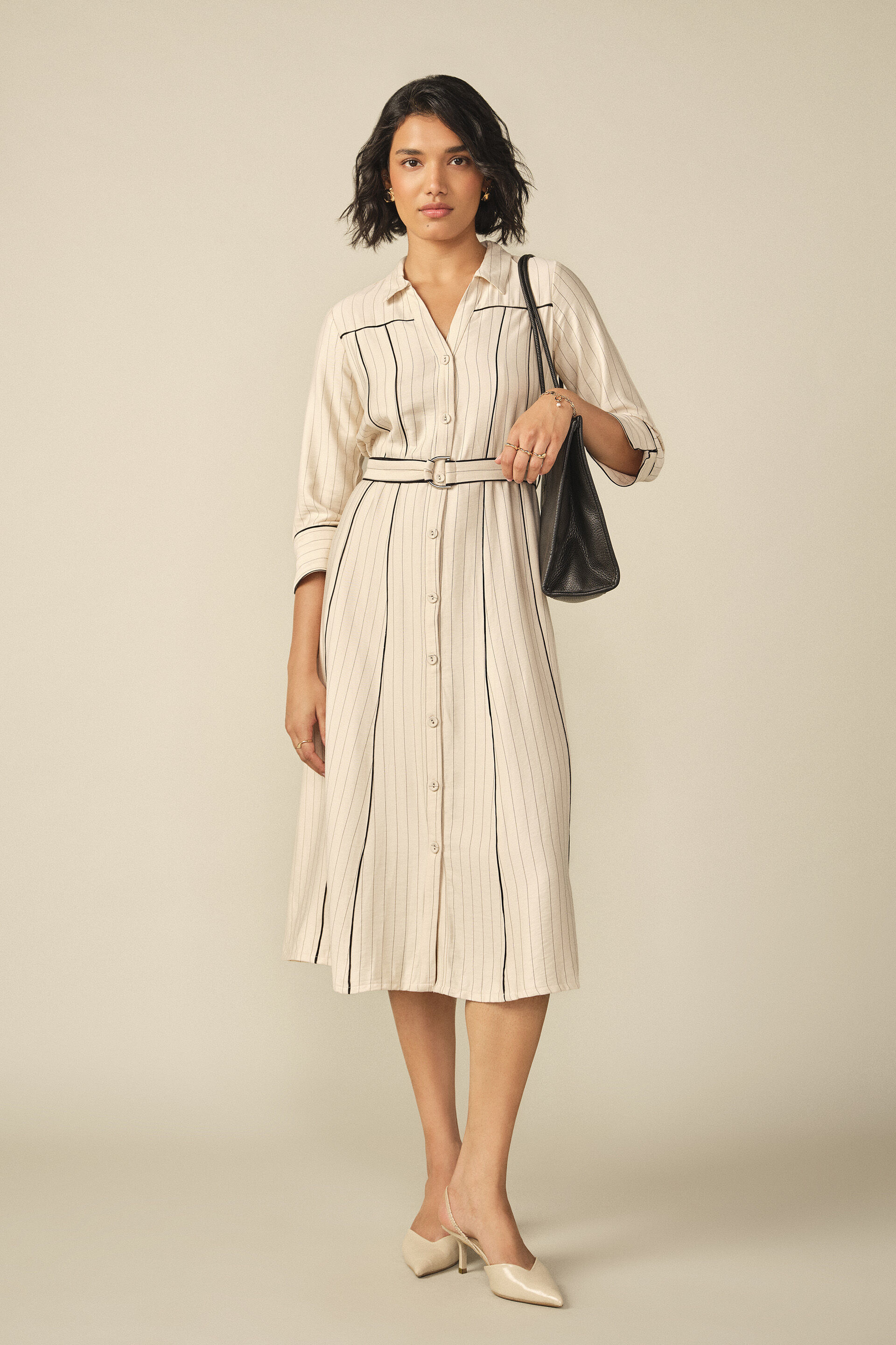 Tie-up Pinstripe Midi Dress in Cream, Cream, image 2